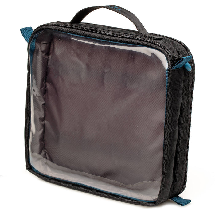 Two-sided Cable Duo pouch for organising cables, chargers, batteries, and small accessories, crafted from durable water-resistant polyester.