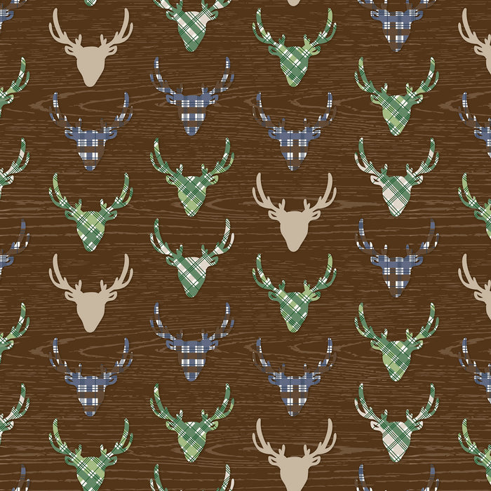 The Great Outdoors Brown Deer Reindeer Buck Woodland on White Fabric by the yard
