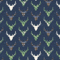 The Great Outdoors Navy Deer Reindeer Buck Woodland on White Fabric by the yard