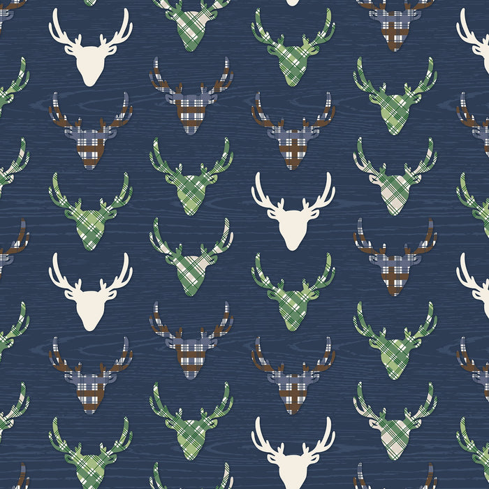 The Great Outdoors Navy Deer Reindeer Buck Woodland on White Fabric by the yard