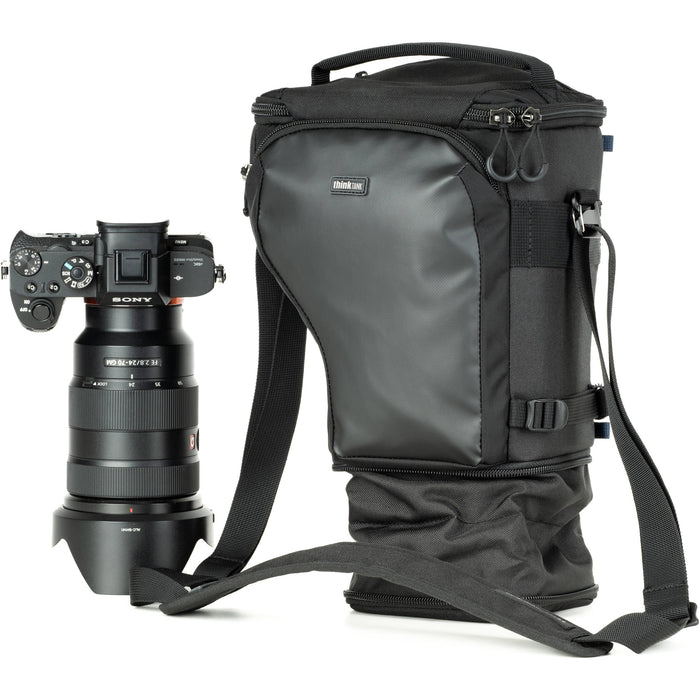 Think Tank Digital Holster 20 V3 for mirrorless cameras, quick-access, water-resistant, with shoulder strap.