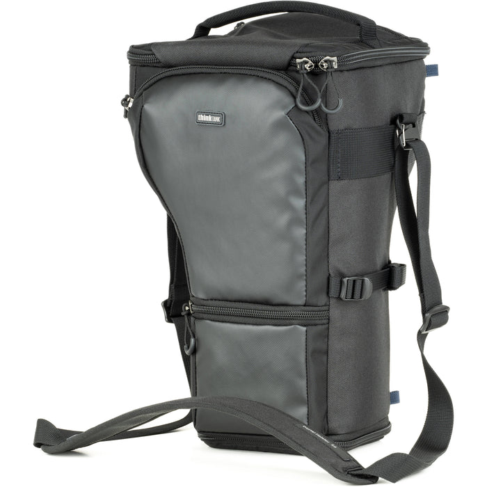 Think Tank Digital Holster 50 V3 bag for DSLR with 70-200mm lens, quick-access lid, belt attachment, and water-resistant design.