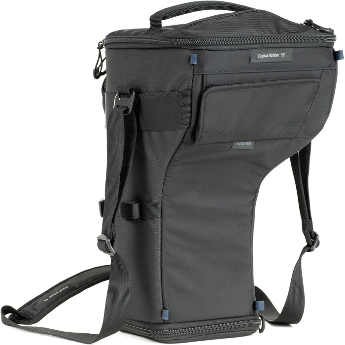 Think Tank Digital Holster 50 V3 bag for DSLR with 70-200mm lens, quick-access lid, belt attachment, and water-resistant design.