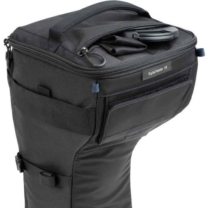 Think Tank Digital Holster 50 V3 bag for DSLR with 70-200mm lens, quick-access lid, belt attachment, and water-resistant design.