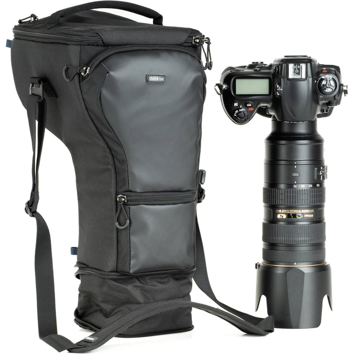 Think Tank Digital Holster 50 V3 bag for DSLR with 70-200mm lens, quick-access lid, belt attachment, and water-resistant design.