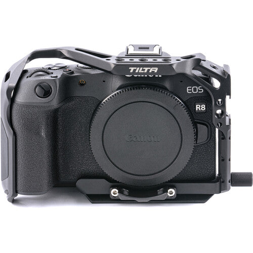 Tilta Full Camera Cage for Canon R8 in black, with multiple mounting points and cold shoe mounts.