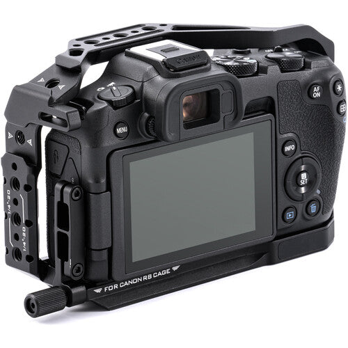Tilta Full Camera Cage for Canon R8 in black, with multiple mounting points and cold shoe mounts.