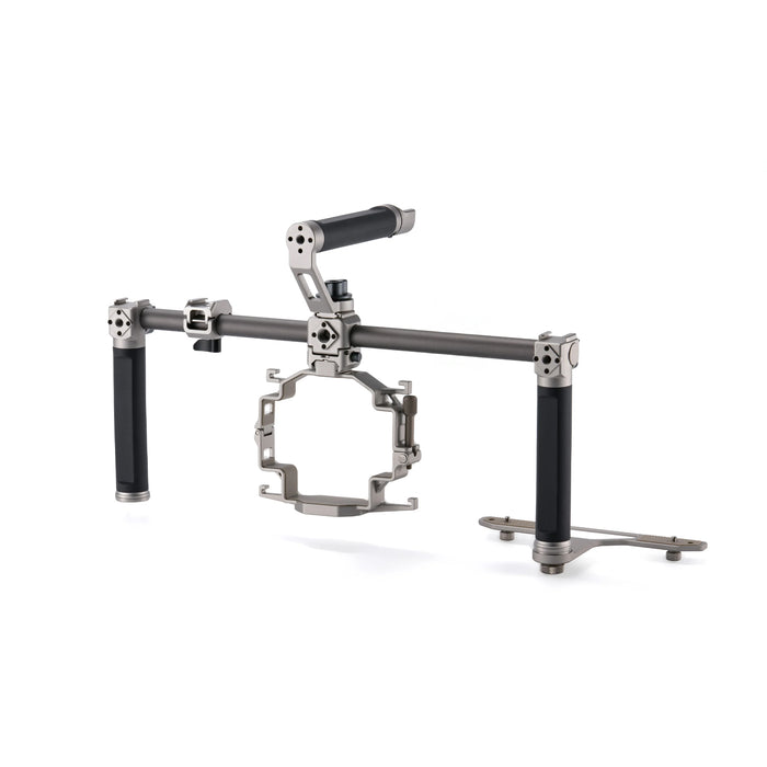 Modular camera cage with accessory mounts and audio integration for DJI Mavic 4 Pro.