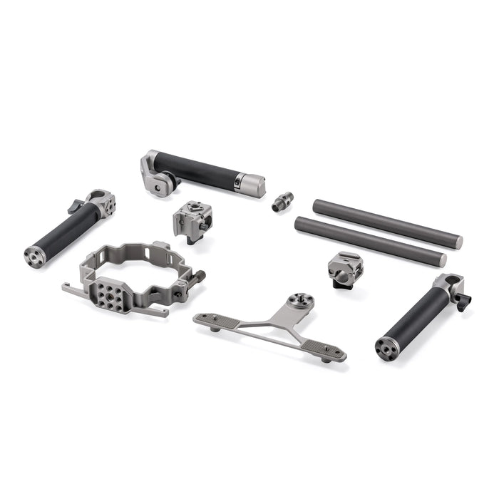 Modular camera cage with accessory mounts and audio integration for DJI Mavic 4 Pro.