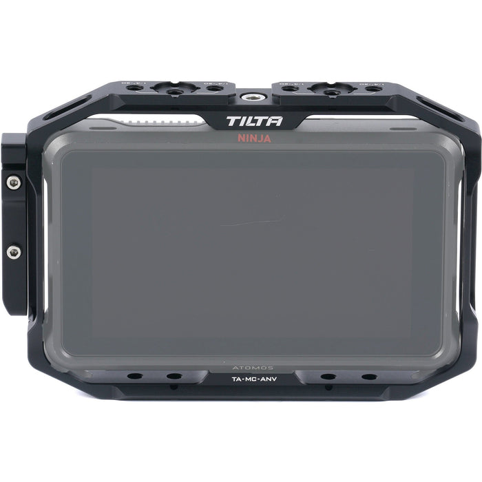 This monitor cage for the Atomos Ninja V provides durable protection and versatile rigging options with multiple 1/4"-20 threads and NATO rails.