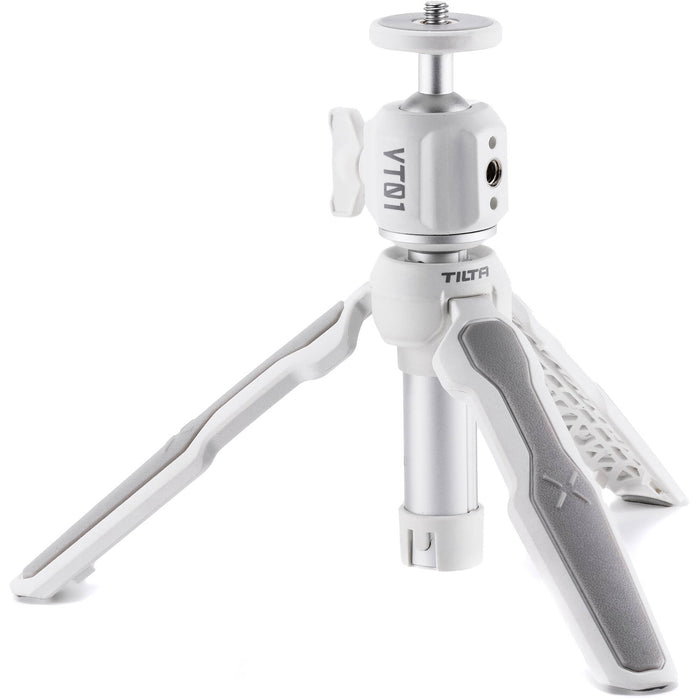 Tilta VT01 Extendable Vlog Tripod in White featuring adjustable legs, ball head, and cold shoe mount for smartphones and compact cameras.