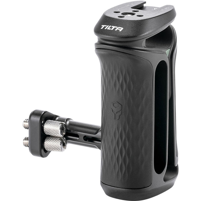 Tilta Xeno Side Handle with dual 1/4"-20 screw mount in black, featuring an ergonomic non-slip silicone grip and a cold shoe receiver for camera cage mounting.