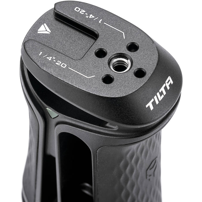 Tilta Xeno Side Handle with dual 1/4"-20 screw mount in black, featuring an ergonomic non-slip silicone grip and a cold shoe receiver for camera cage mounting.