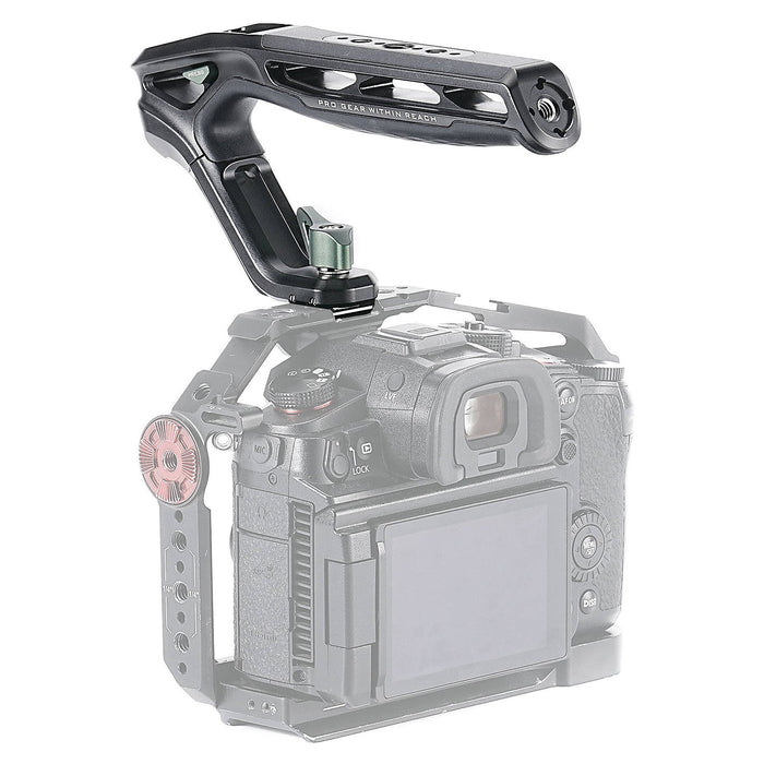 A top handle with various mounting options for a variety of camera cages and systems to assist in improving low-angle captures.