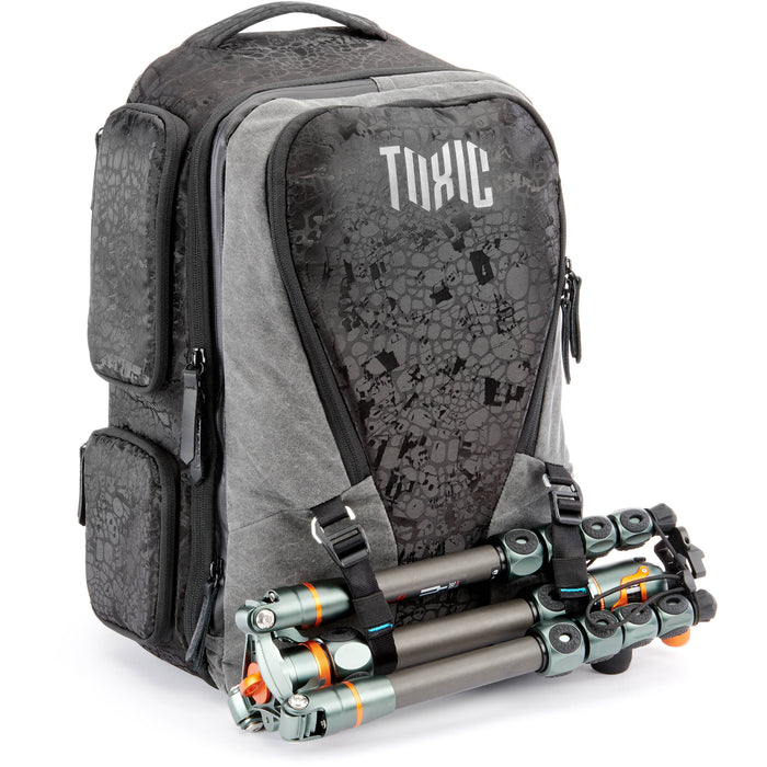 Valkyrie camera backpack with adjustable dividers, tripod holder, water-resistant fabric, and padded interior for photography gear