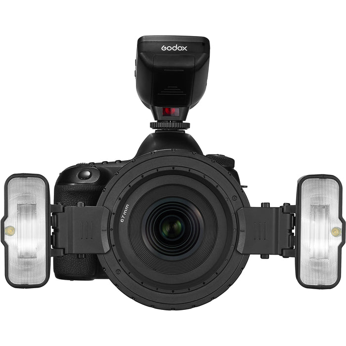 Godox MF12 macro flash with adjustable head and multi-flash ring setup