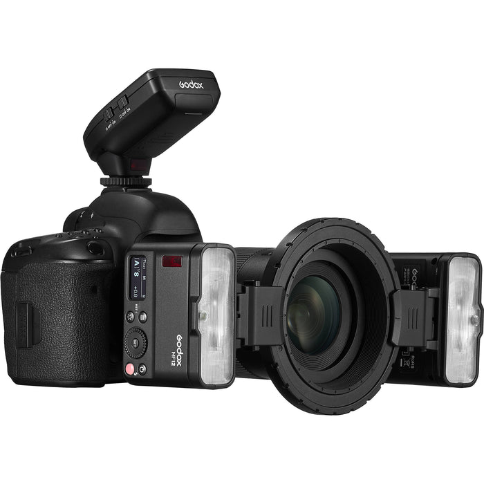 Godox MF12 macro flash with adjustable head and multi-flash ring setup
