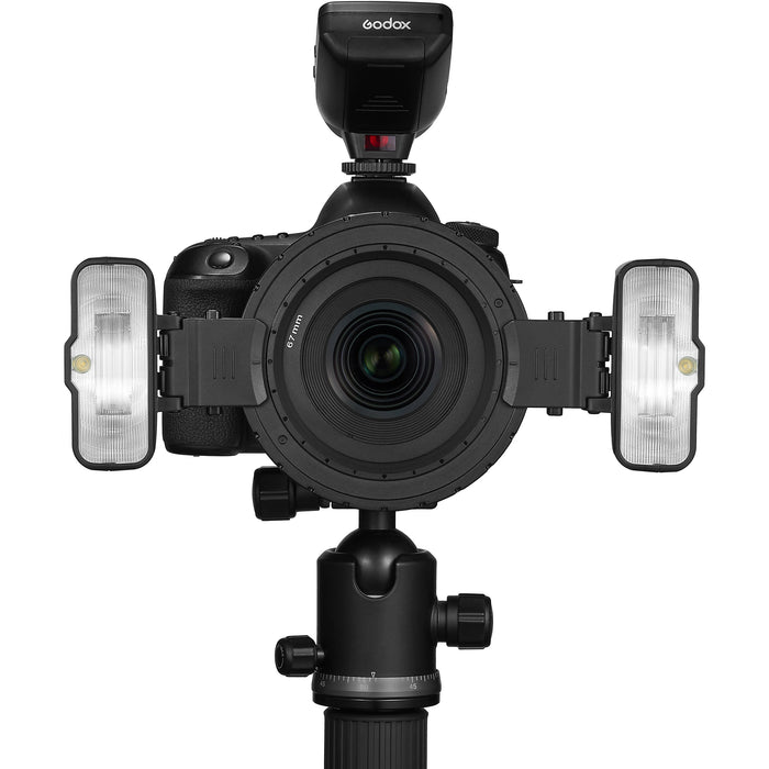 Godox MF12 macro flash with adjustable head and multi-flash ring setup