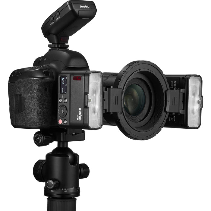 Godox MF12 macro flash with adjustable head and multi-flash ring setup