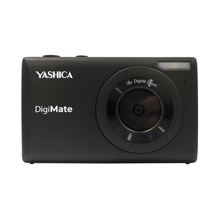 Yashica DigiMate compact camera with CMOS sensor, 4K video, 18x zoom, and 2.7" LCD on white background.