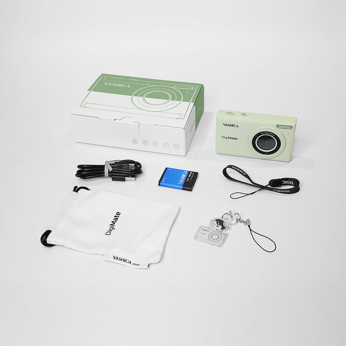 Yashica DigiMate compact camera with CMOS sensor, 4K video, 18x zoom, and 2.7" LCD on white background.