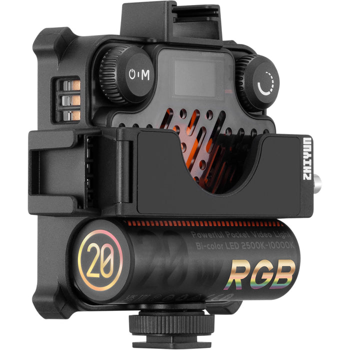 Zhiyun Fiveray M20C RGB LED light combo with adjustable color temperature and RGB modes.